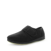 Black microsuede slip-on slippers with cushioned strap detail and low sole.