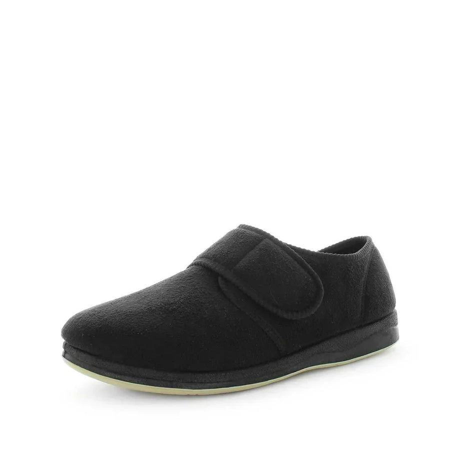 Black microsuede slip-on slippers with cushioned strap detail and low sole.