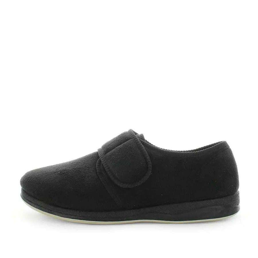 Black microsuede slip-on slippers, side view with padded strap and low rubber sole.