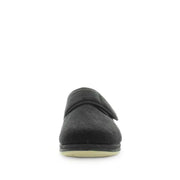 Black microsuede slippers, rear view with closed heel and low sole.