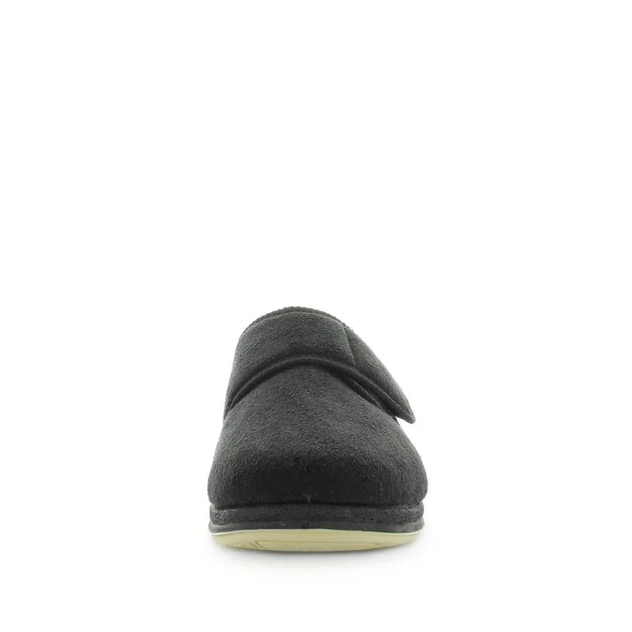 Black microsuede slippers, rear view with closed heel and low sole.