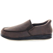 Men's brown suede slip-on slippers with side seam, padded collar, and black sole
