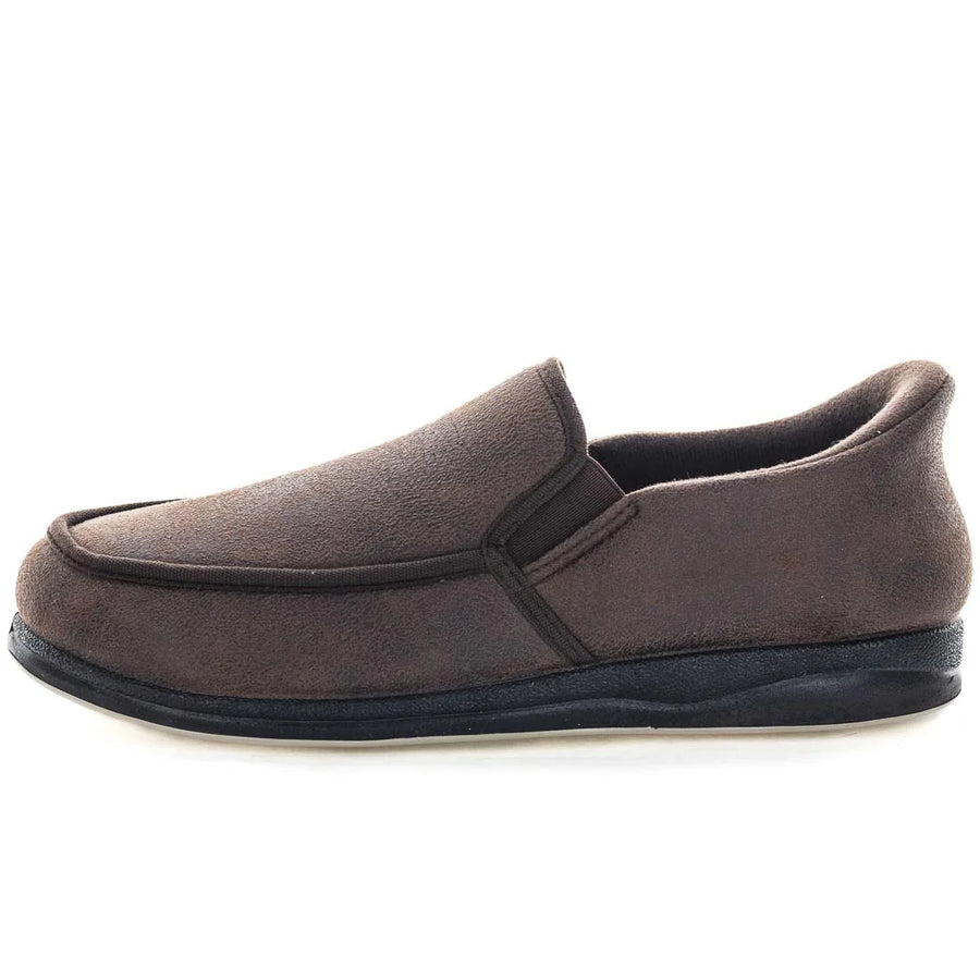 Men's brown suede slip-on slippers with side seam, padded collar, and black sole