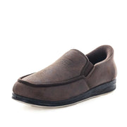 Men's brown suede slip-on slippers with padded collar and black rubber sole
