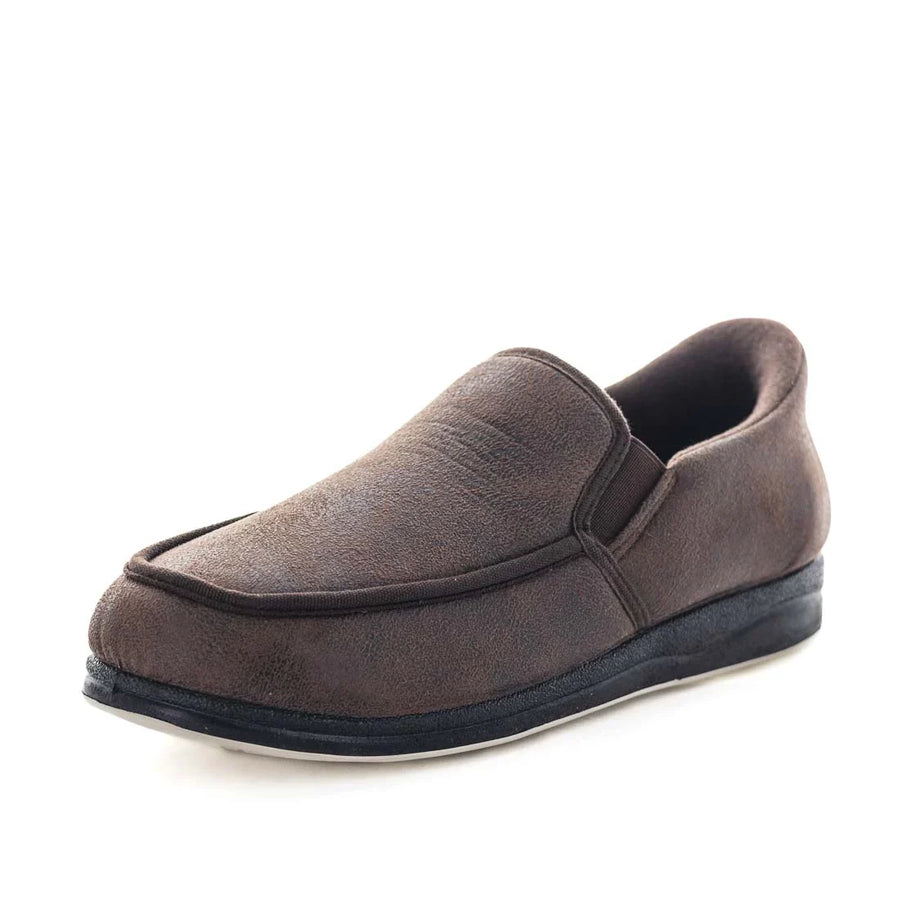 Men's brown suede slip-on slippers with padded collar and black rubber sole