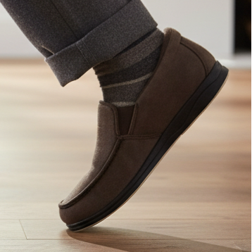 Men's brown slip-on slippers with black sole worn with gray pants