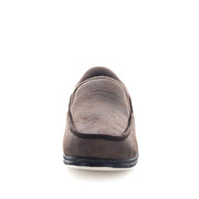 Men's brown suede slip-on slippers, rear view with padded back panel and black sole