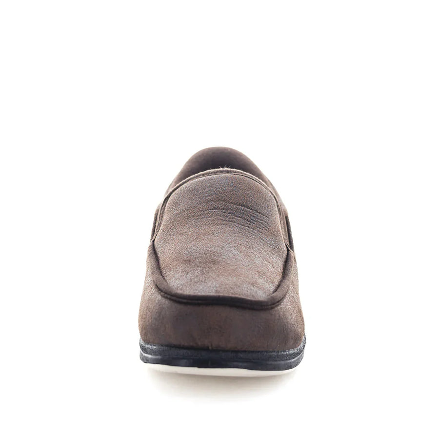 Men's brown suede slip-on slippers, rear view with padded back panel and black sole