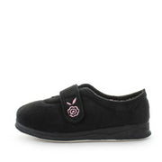 Black women’s slippers with pink floral patch on strap and cushioned sole