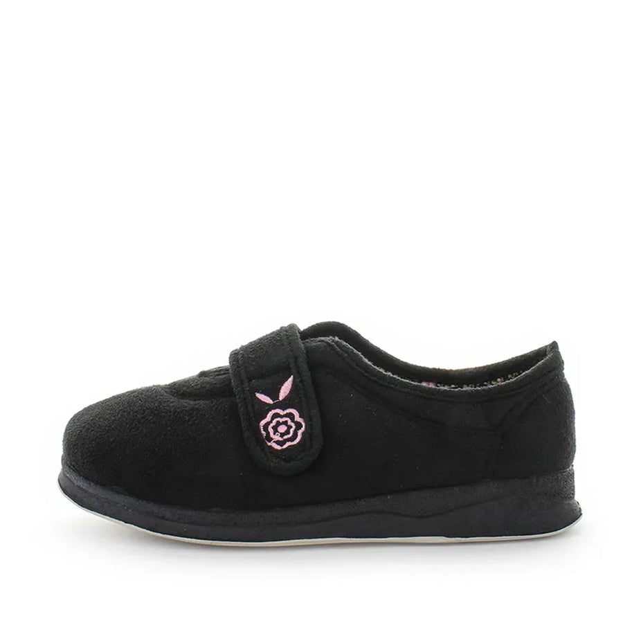 Black women’s slippers with pink floral patch on strap and cushioned sole
