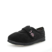 Black women’s velour slippers with pink floral embroidery and slip-on design