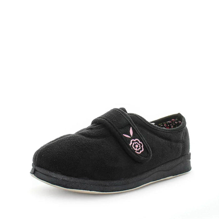 Black women’s velour slippers with pink floral embroidery and slip-on design