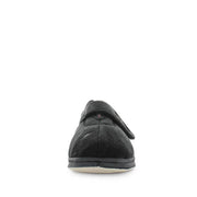Black women’s slippers rear view with stitched heel and low rubber sole