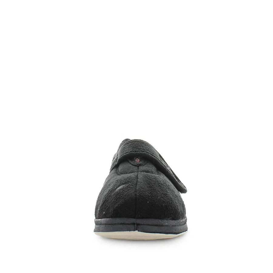 Black women’s slippers rear view with stitched heel and low rubber sole