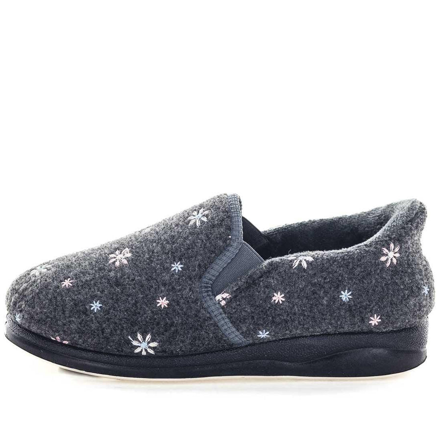 Grey closed-back slippers with white flower/star embroidery and dark rubber sole