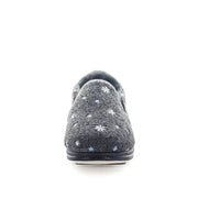 Grey women's slippers with all-over white flower/star stitching and cushioned back