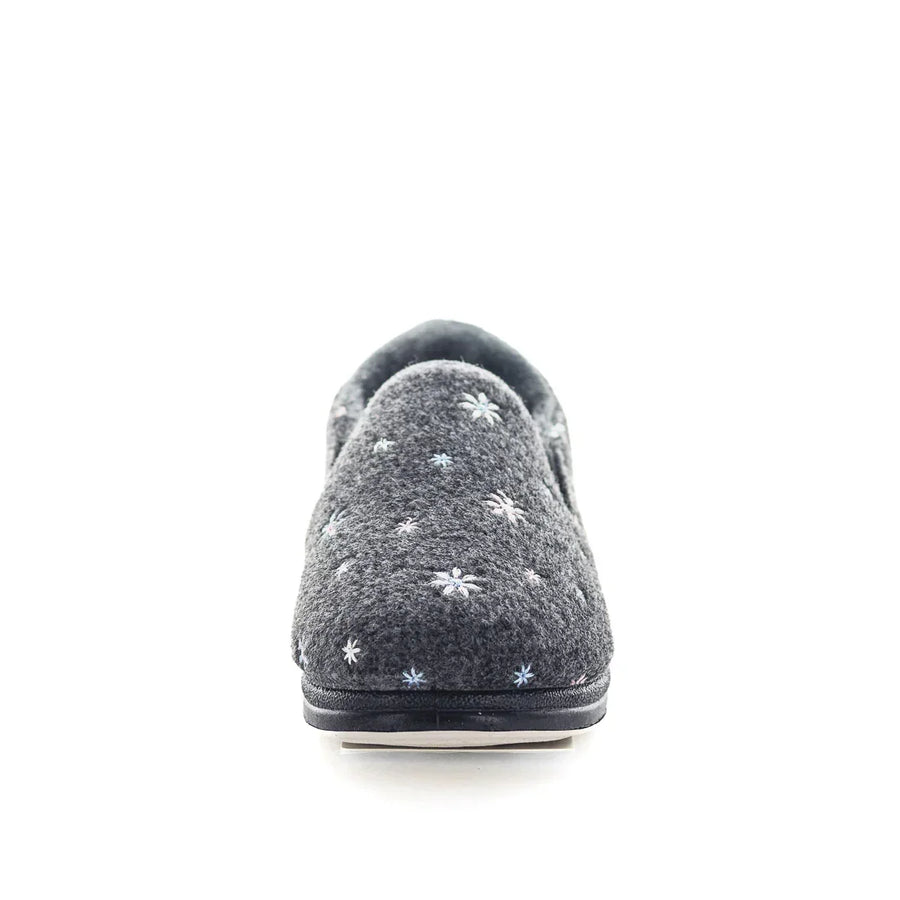 Grey women's slippers with all-over white flower/star stitching and cushioned back