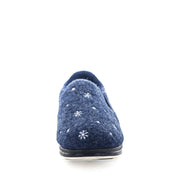 Women’s navy slip-on slippers, back view, with white flower print