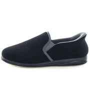 Black slip-on slippers with grey side trim and rounded toe, textured upper.