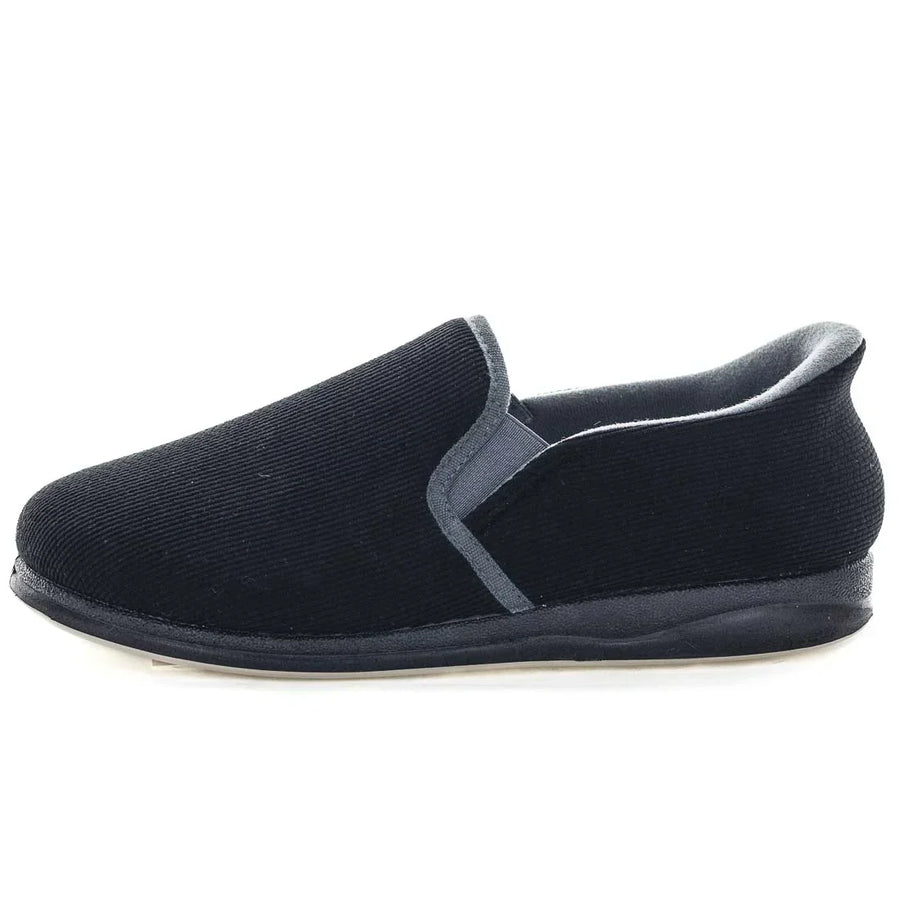 Black slip-on slippers with grey side trim and rounded toe, textured upper.
