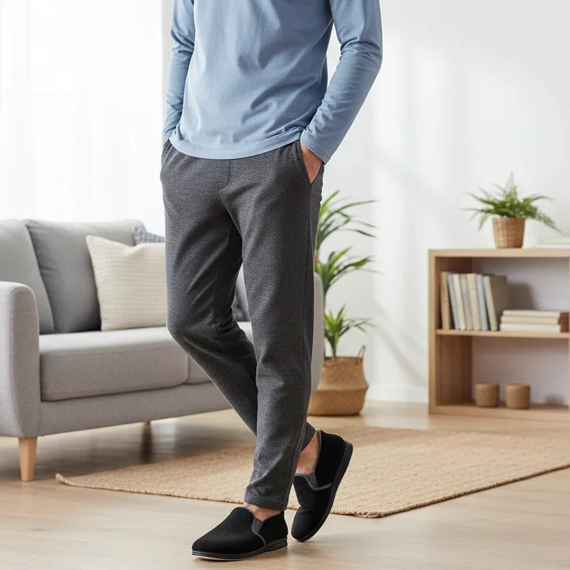 Men’s black slip-on slippers worn with grey pants, low-profile cushioned sole.