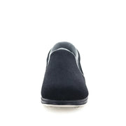 Black slip-on slipper showing heel and grey edging around the collar.