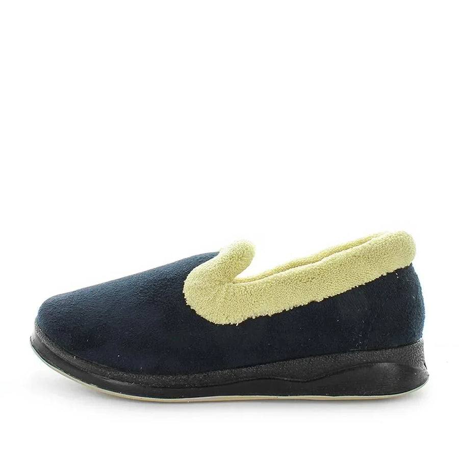 Navy plush slip-on slippers with light tan paw appliqué across the top and thick sole