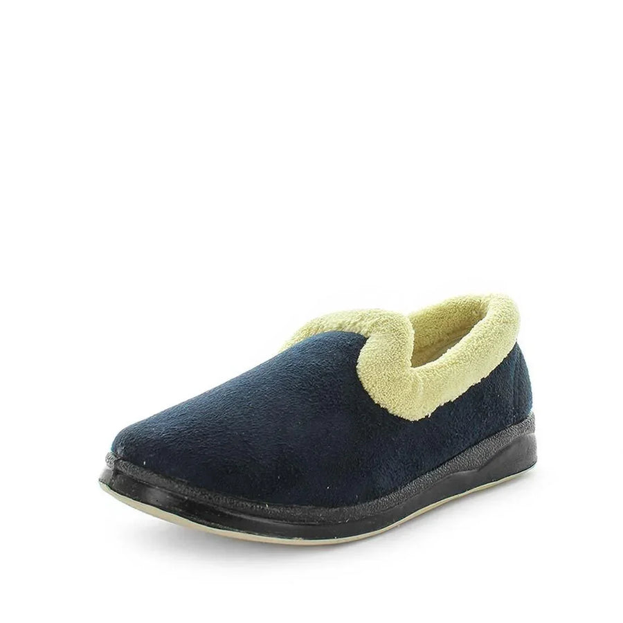 Navy plush slip-on slippers with light tan paw-shaped appliqué and padded lining