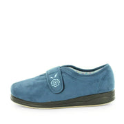 Women’s blue denim slip-on slippers with side strap and dark rubber sole