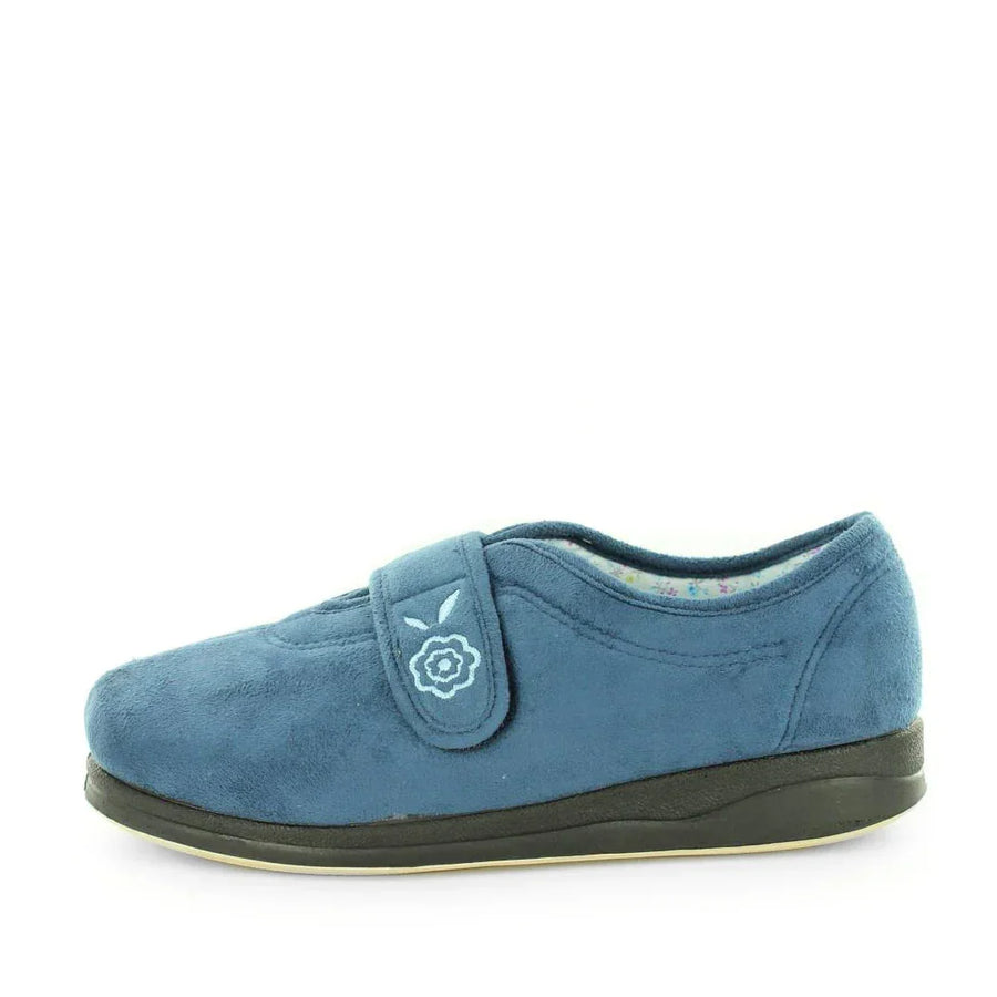 Women’s blue denim slip-on slippers with side strap and dark rubber sole
