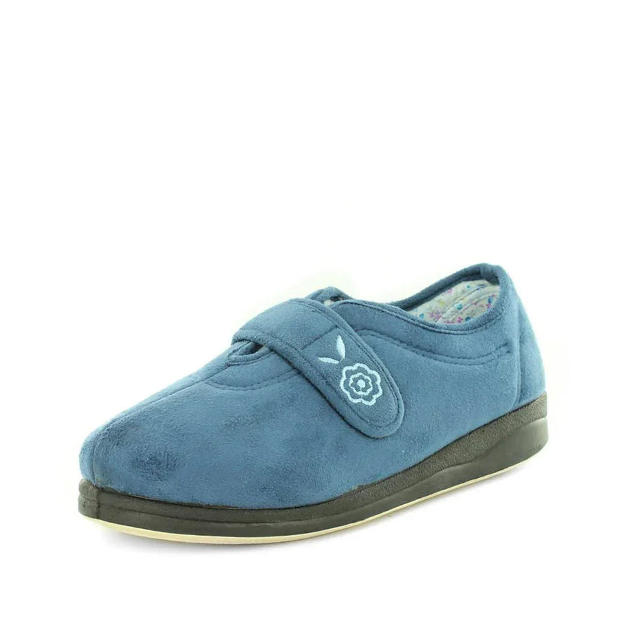 Women’s blue denim slip-on slippers with hook-and-loop strap, flower emblem