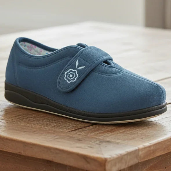 Women’s blue denim slippers with embroidered flower and bird accents