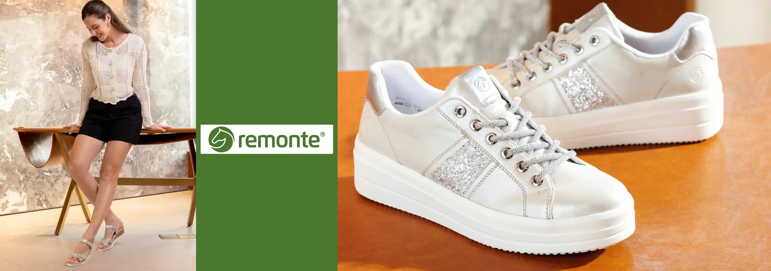 White sneakers with glittery details on a wooden surface, Remonte brand logo visible.