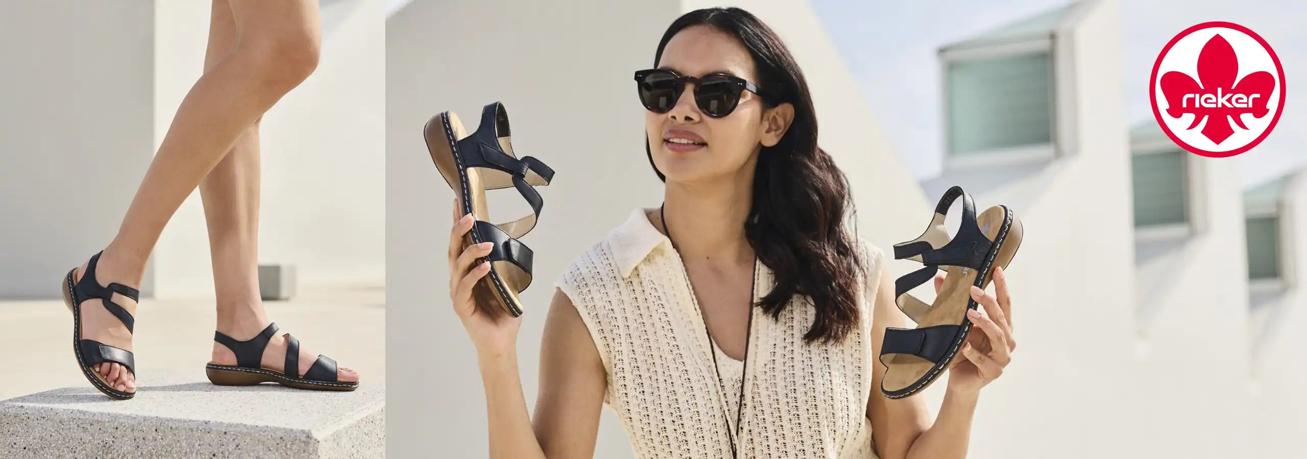 Woman wearing black sandals with a white building in the background, featuring the Rekare brand logo.