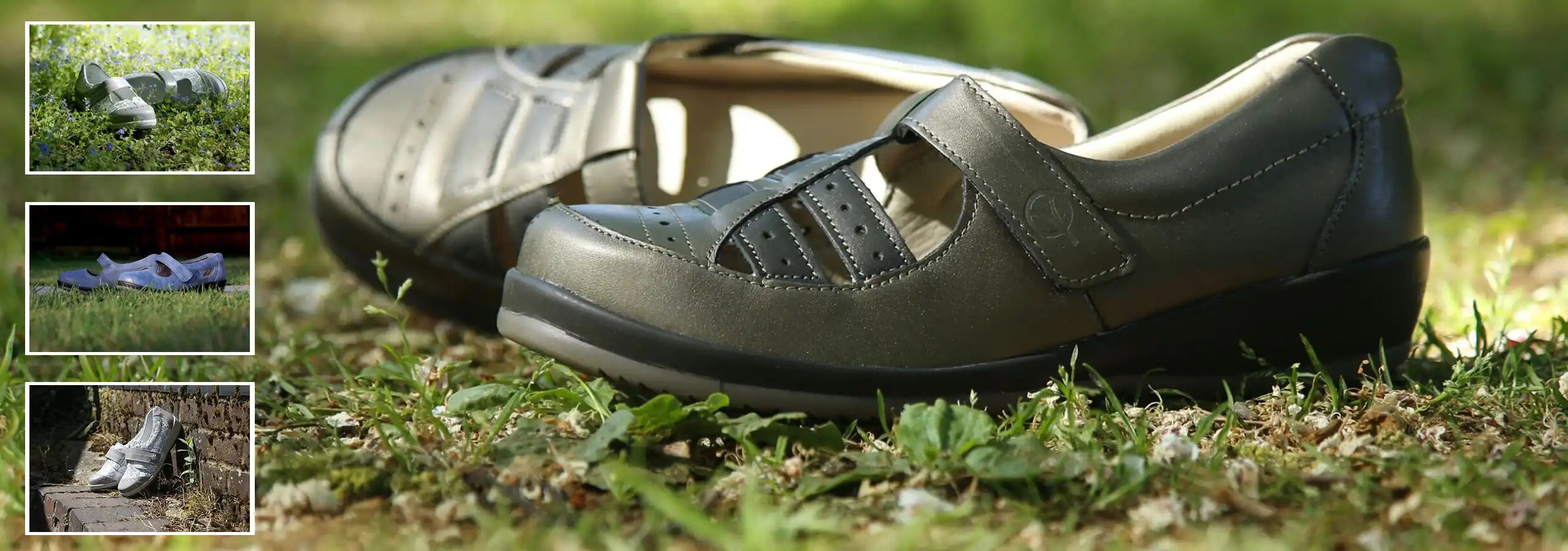 Pair of green shoes on grass with inset images showing different angles.