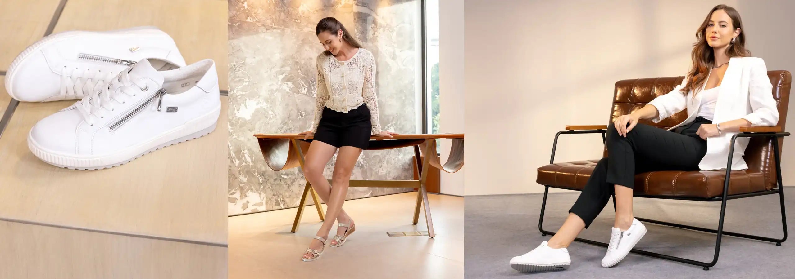 White sneakers on a light gray background, followed by a woman sitting on a bench, and then on a brown leather chair.