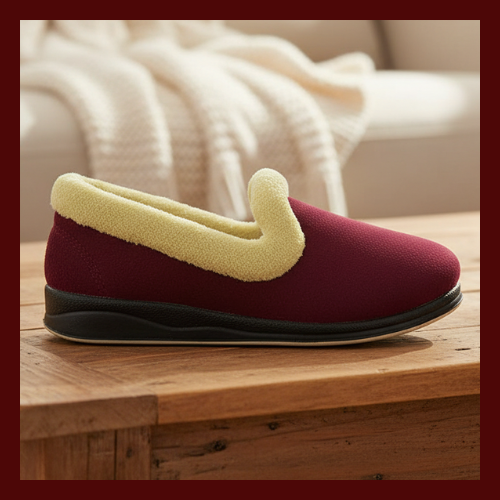 Burgundy sherpa-lined moc-style slippers with beige collar and black sole