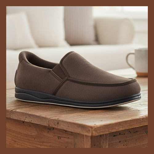 Men's brown slip-on no-hands slippers with cushioned sole and padded collar