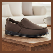 Men's brown slip-on no-hands slippers with cushioned sole and padded collar